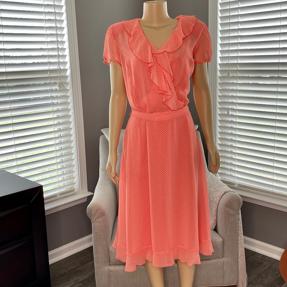MSK Short Sleeve Ruffle Front Polka Dot Dress with slip Size 14 NWOT